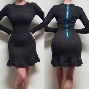 Vintage Carven Brown White Speckled Wool Long Sleeve Flounce Hem Sweater Dress S